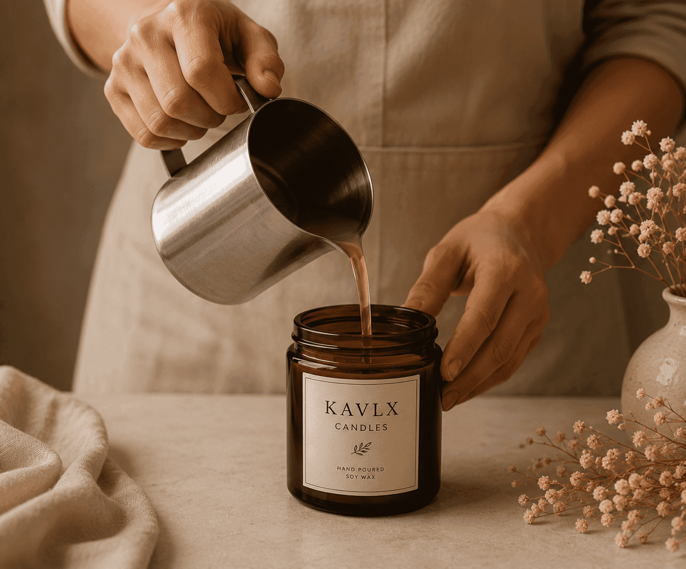 Hand-pouring natural wax into a candle jar
