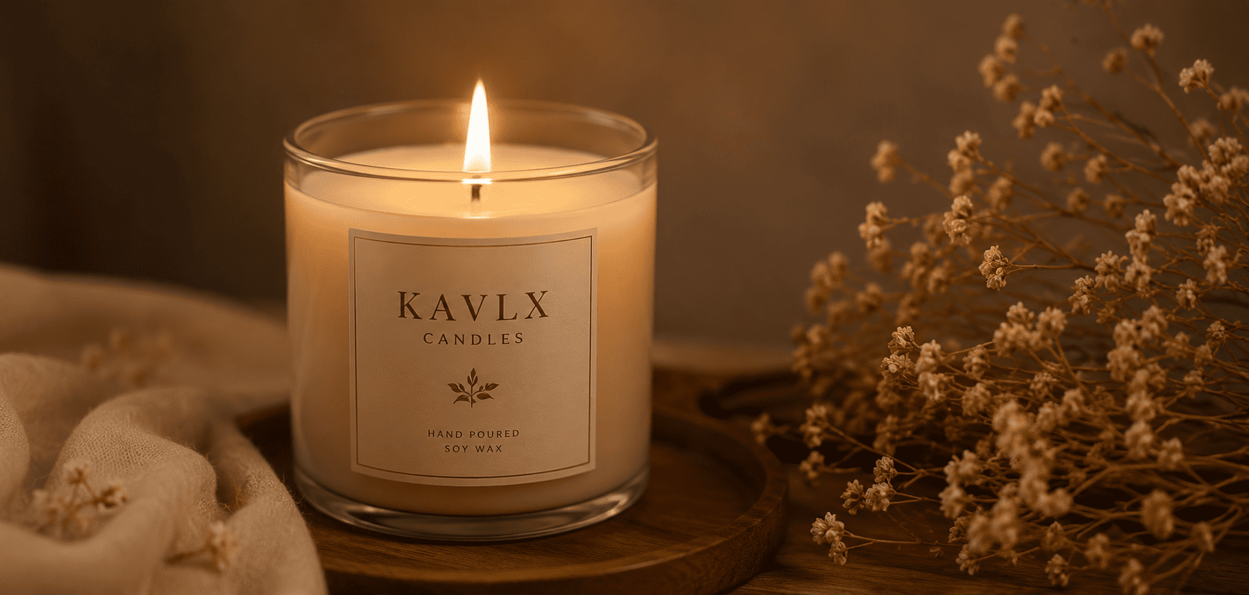 Row of lit candles beside dried flowers