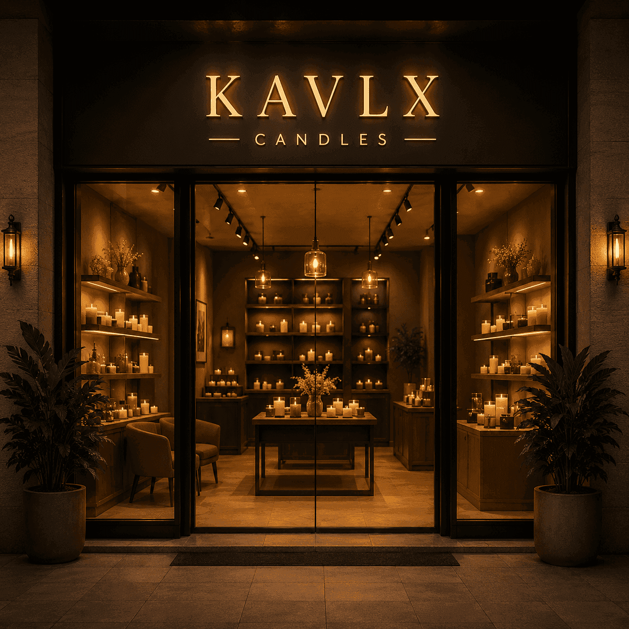 Kavlx Candles studio storefront lit up in the evening