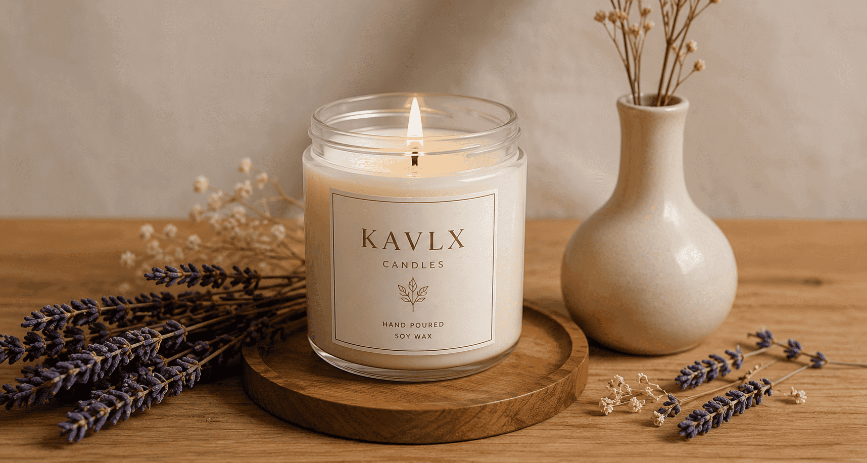 Kavlx candle styled with dried lavender on a wooden tray