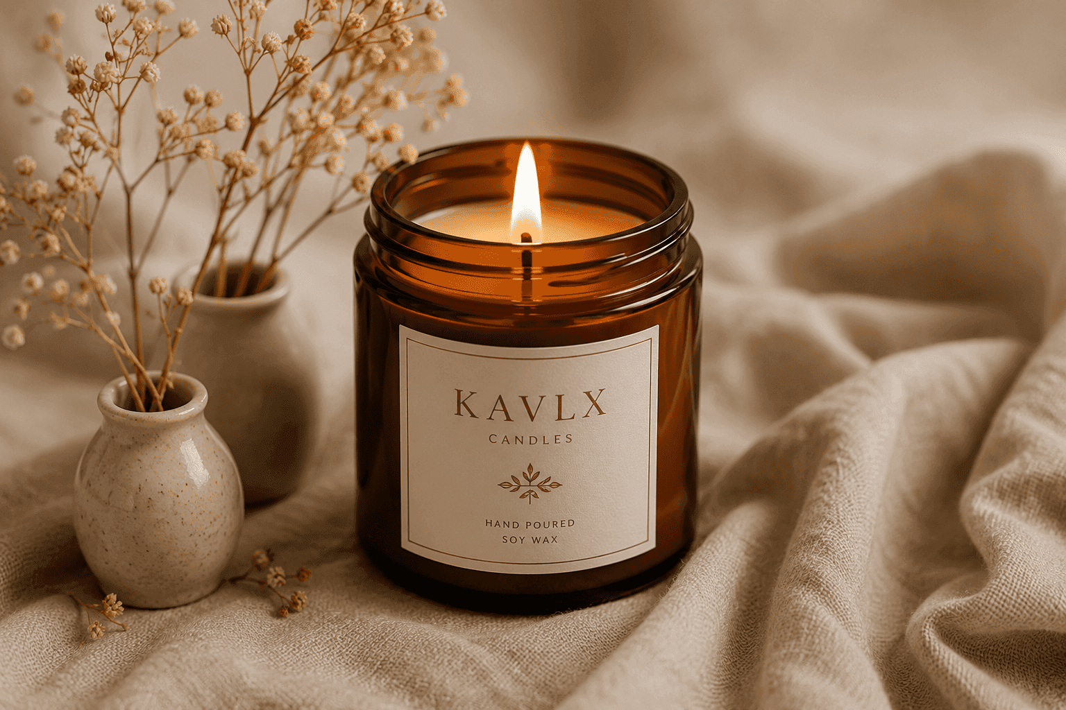 Lit candle among dried flowers